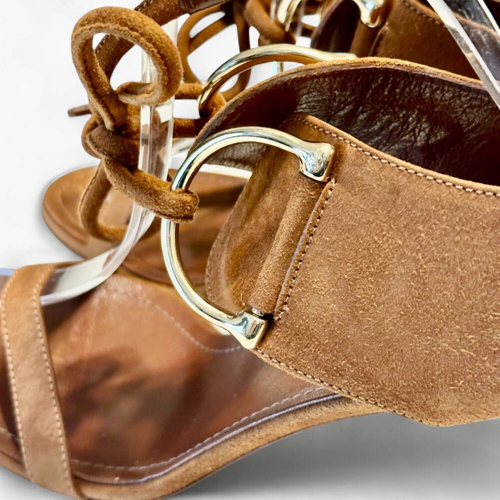 Gucci Vintage Y2K Horsebit Suede Sandals Lace Up Stiletto Heels Cognac Brown 7.5 - Picture 6 of 13